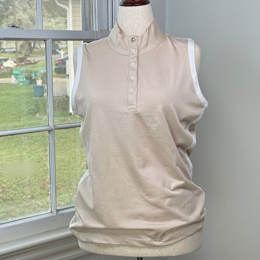 Sport Haley Sleeveless Polo Large Tan Mock Neck Shirt Golf Tennis Old Money